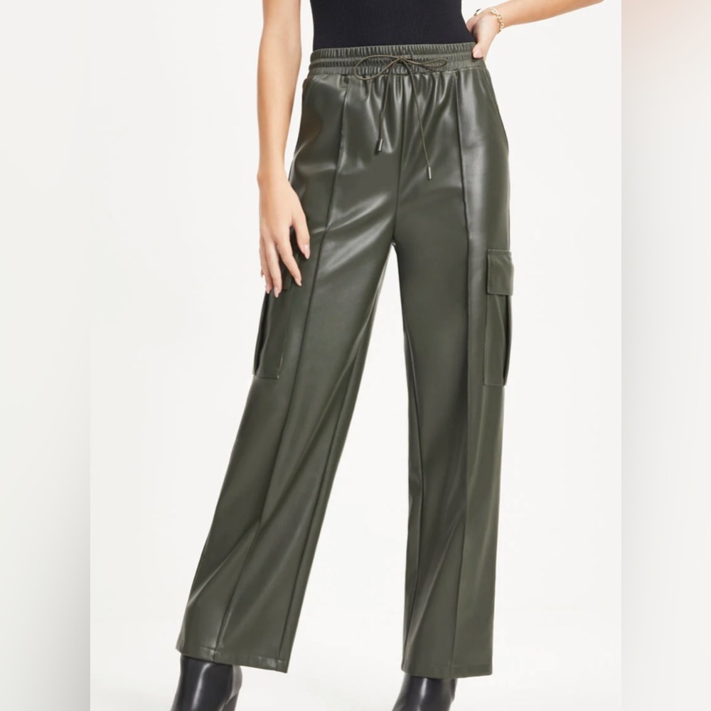 Faux leather cargo pants in Dark Olive
